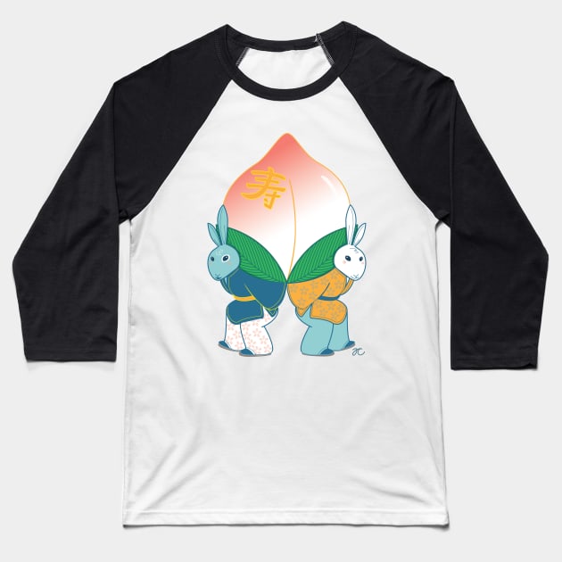 Longevity Peach Bunnies Baseball T-Shirt by elephantfeather